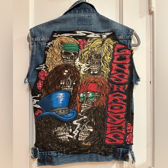 Guns N' Roses Tops - Custom 1994 Guns N' Roses Stacked Skulls denim vest sz S *VINTAGE ONE OF A KIND*
